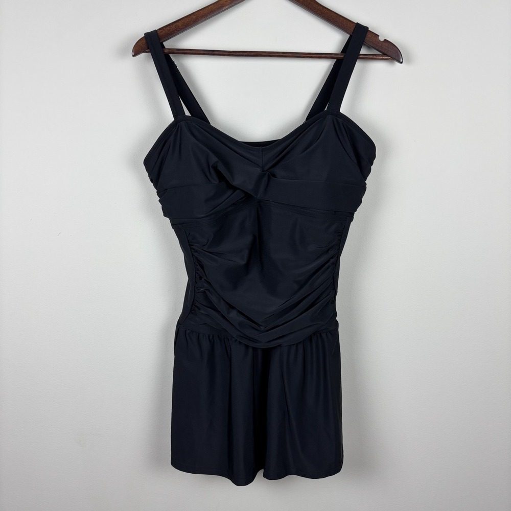 Black Swimdress One Piece Womens XL Flattering Ruched Padded Bust Skirted Sexy